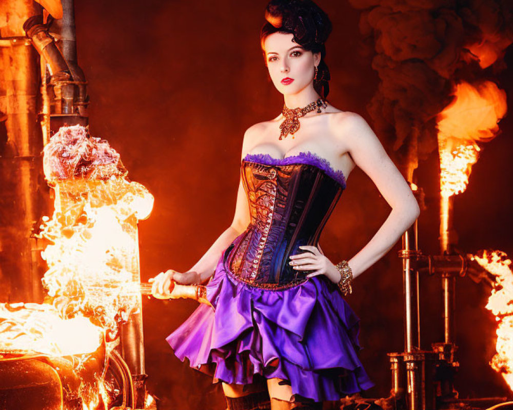 Steampunk woman in purple and black outfit amidst fiery industrial backdrop