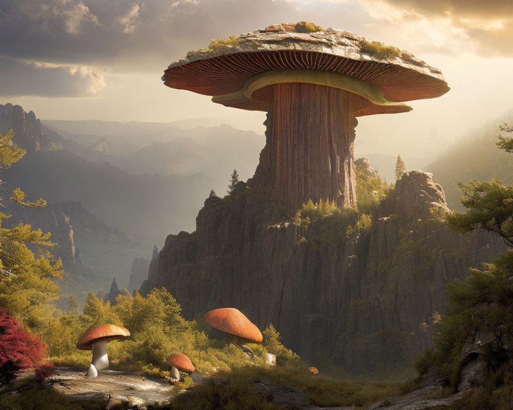Fantastical landscape with oversized mushroom-shaped structures in rocky terrain