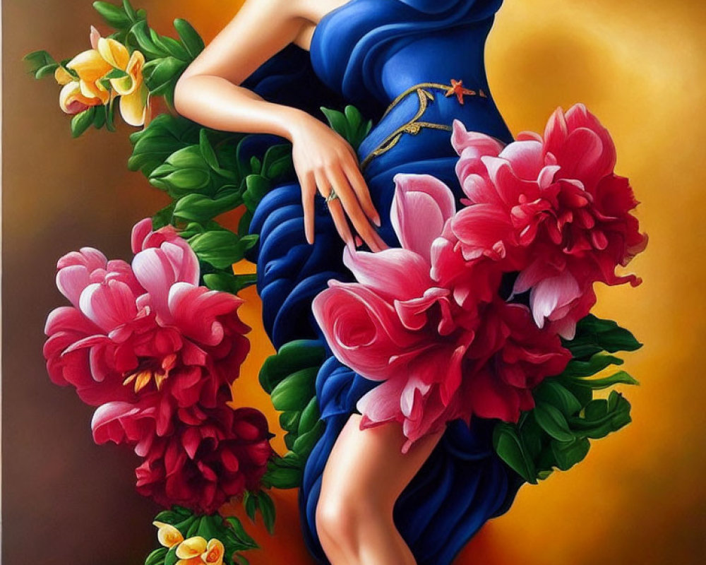 Colorful painting of woman in blue dress with pink flowers bouquet
