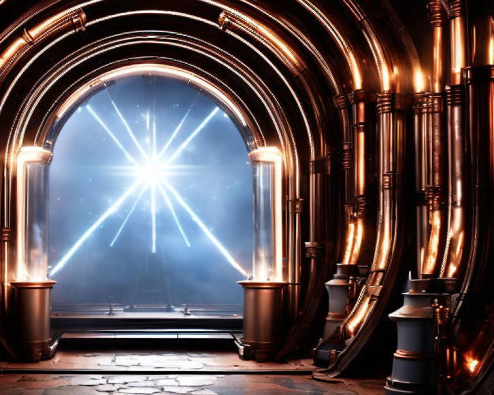 Circular Bronze Structures Illuminate Sci-Fi Portal Room