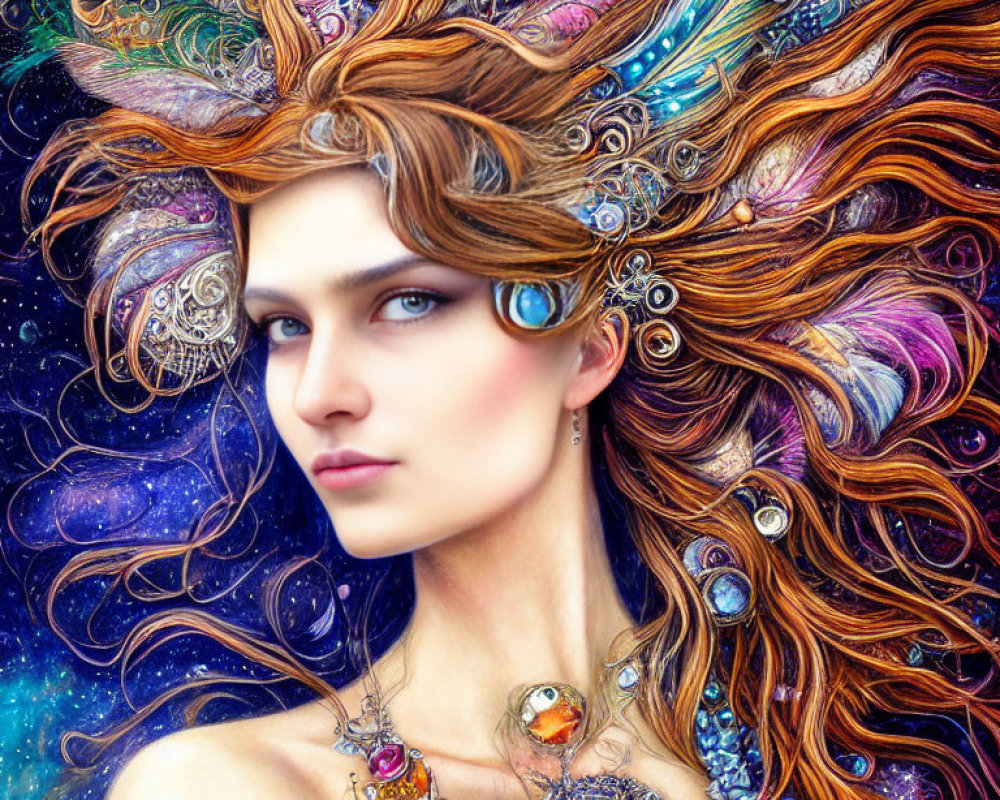 Colorful portrait of a woman with cosmic and peacock feather hair on starry backdrop