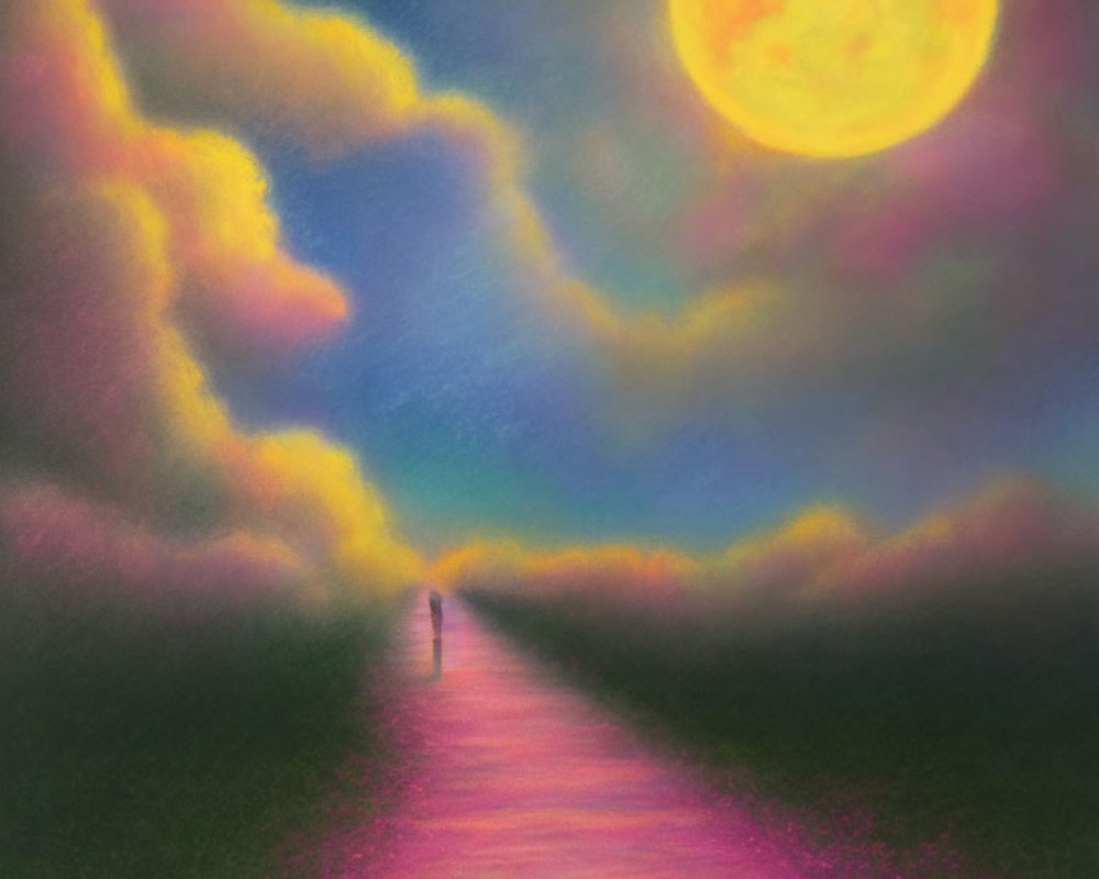 Solitary Figure Walking Under Large Yellow Moon