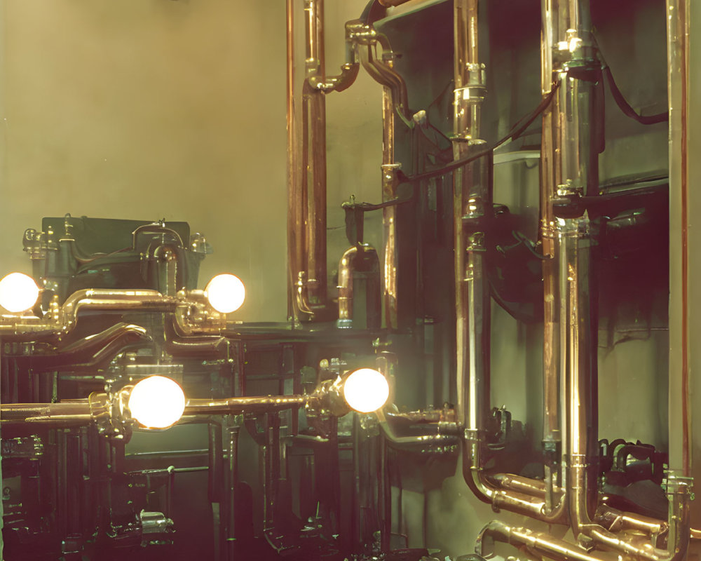 Vintage Machinery with Brass Piping and Glowing Lights in Warm Industrial Setting