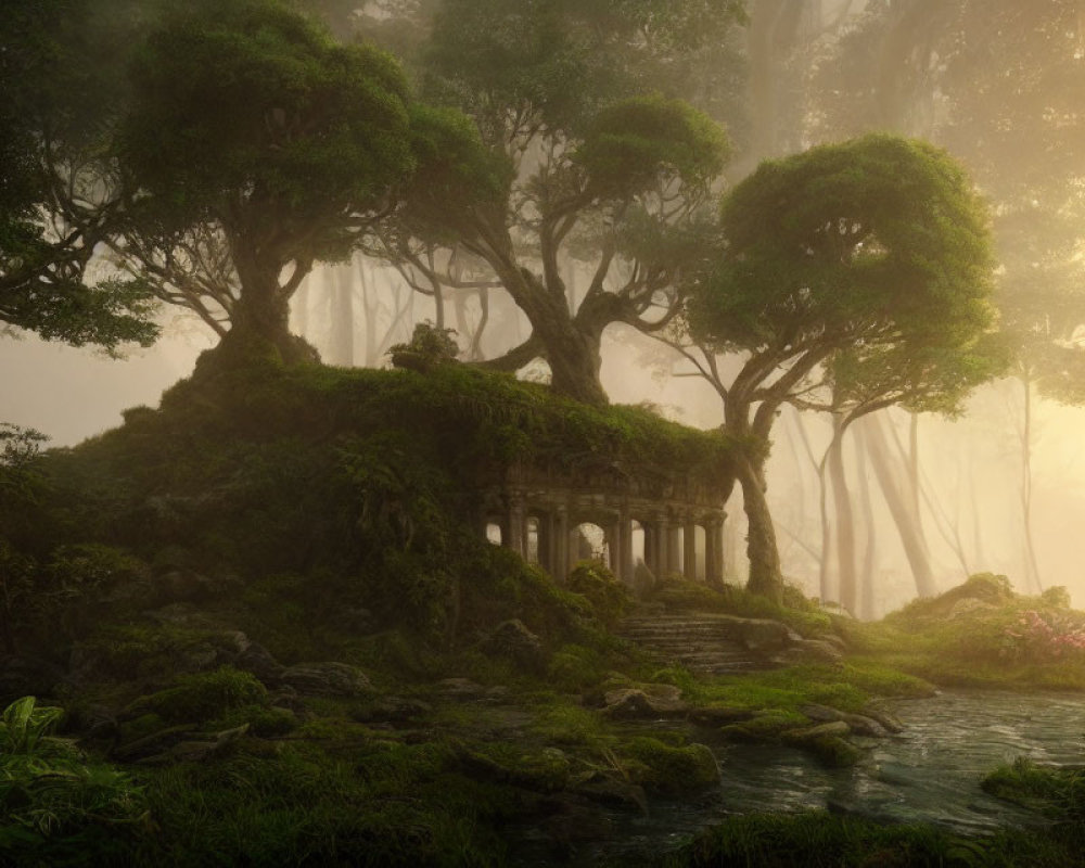Majestic forest scene with sunlight, mist, greenery, and ancient temple