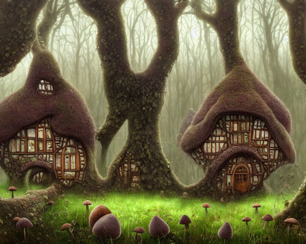 Whimsical forest scene with tree trunk houses, moss, mushrooms, and mist