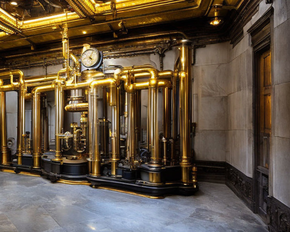 Industrial steampunk-themed room with polished golden pipes, vintage clock, and ornate metalwork.