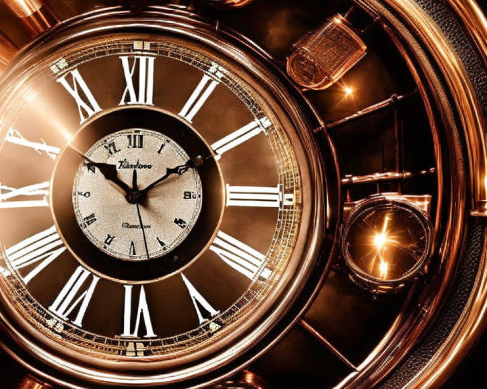 Golden clock with Roman numerals in warm ambient glow.