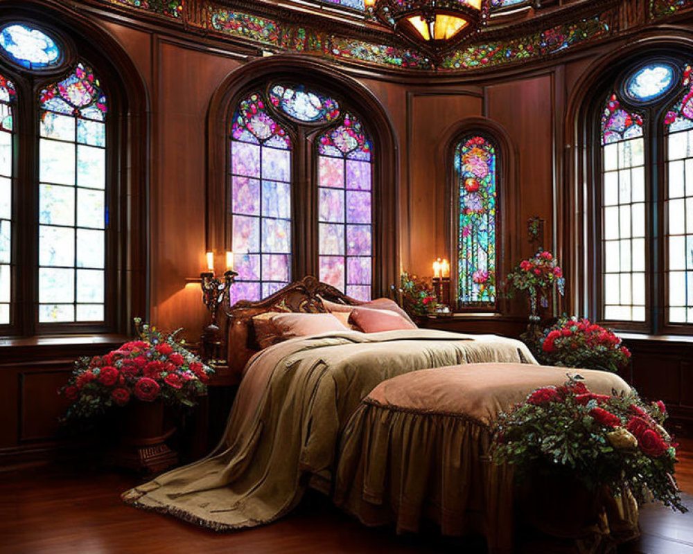 Luxurious Bedroom with Stained Glass Windows and Elegant Decor