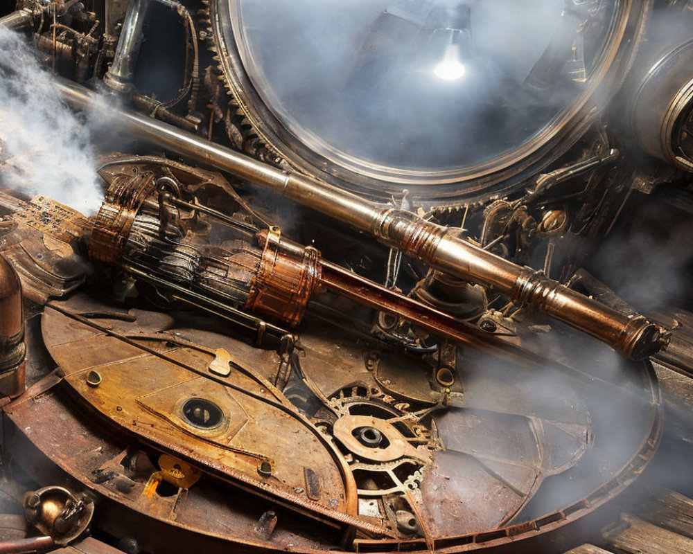 Steampunk Themed Interior with Brass Gears and Large Telescope