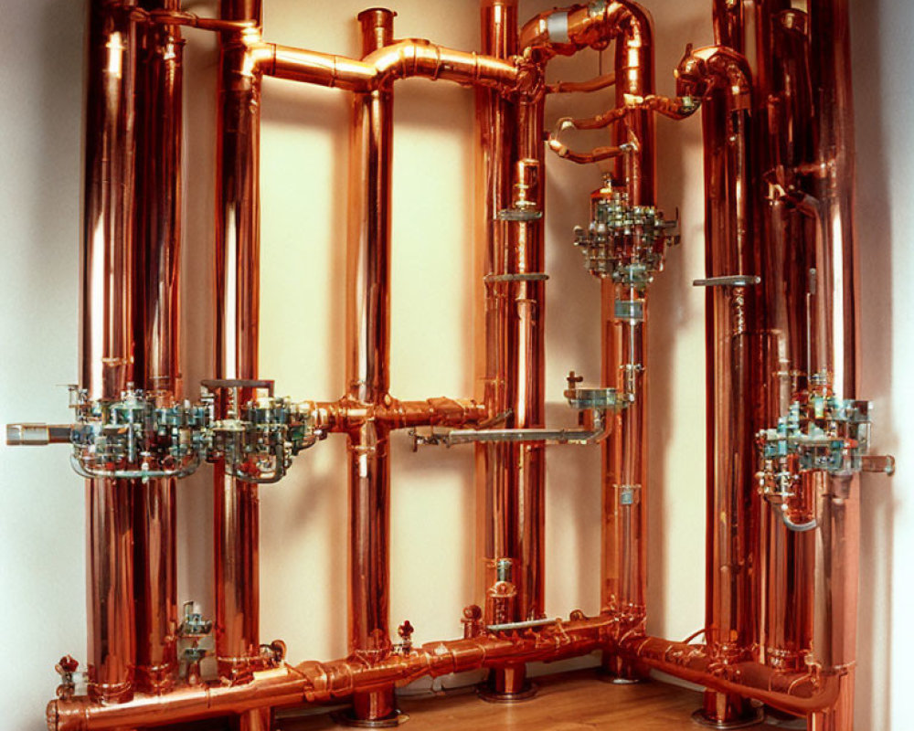 Detailed Copper Pipe Assembly with Valves and Gauges Wall Installation