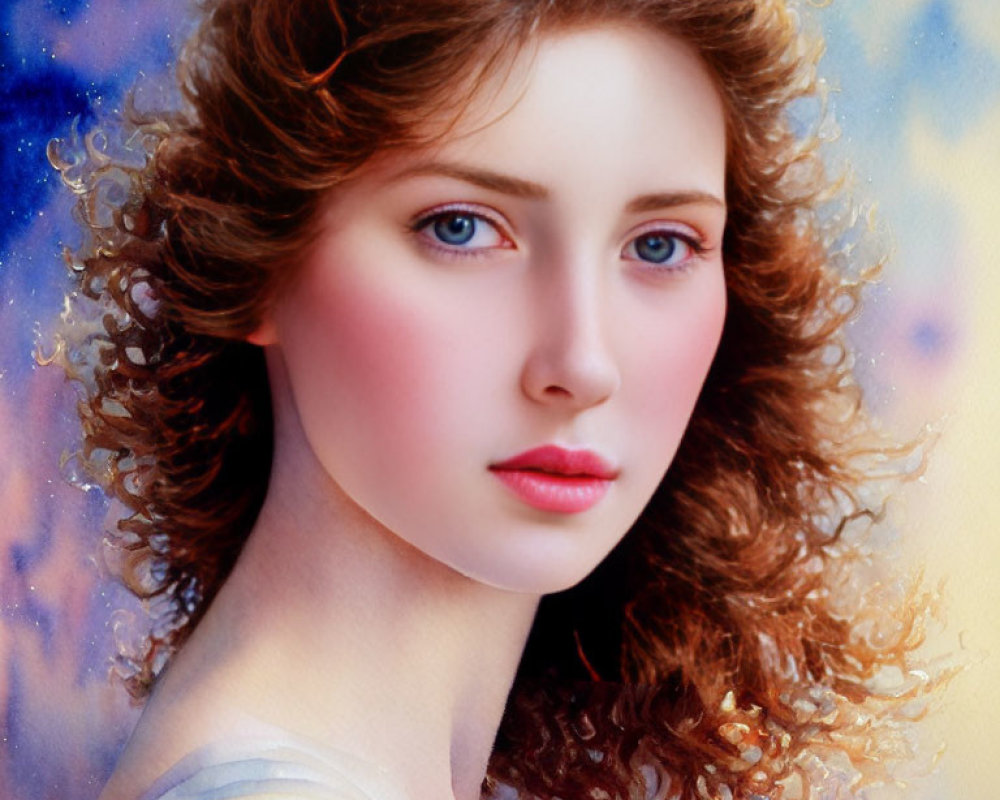 Digital painting: Woman with curly hair and blue eyes in starry background