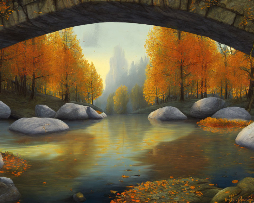 Tranquil autumn landscape with stone bridge, serene river, golden trees, and soft light.