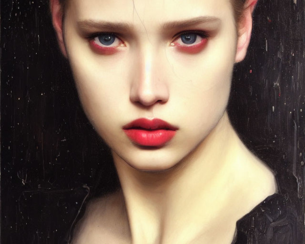 Portrait of person with pale skin, red eyes, full red lips, and dark hair on dark,