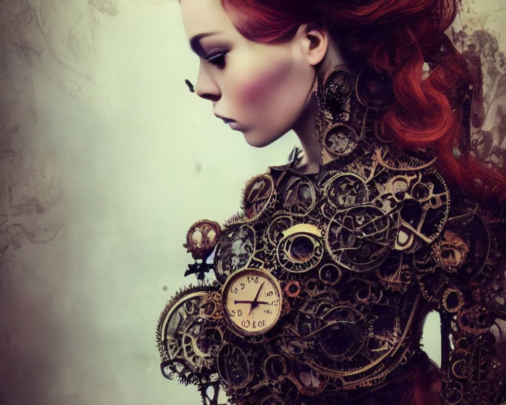 Red-haired woman in steampunk gear body against smoky backdrop