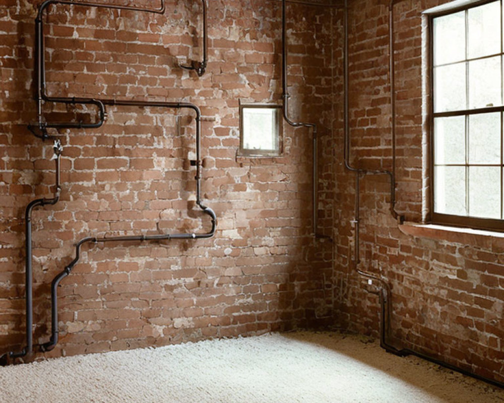 Room with Exposed Brick Walls and Metal Pipes Pattern, Natural Light Window