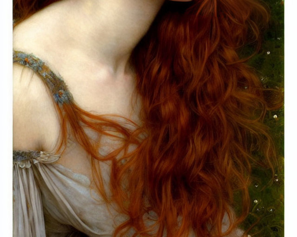Portrait of Woman with Long Red Hair in Off-Shoulder Dress