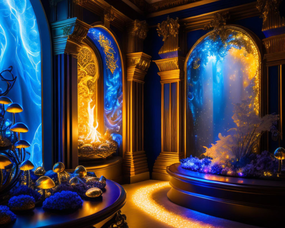 Fantasy interior with glowing portals, elegant columns, orbs, and snowy landscape