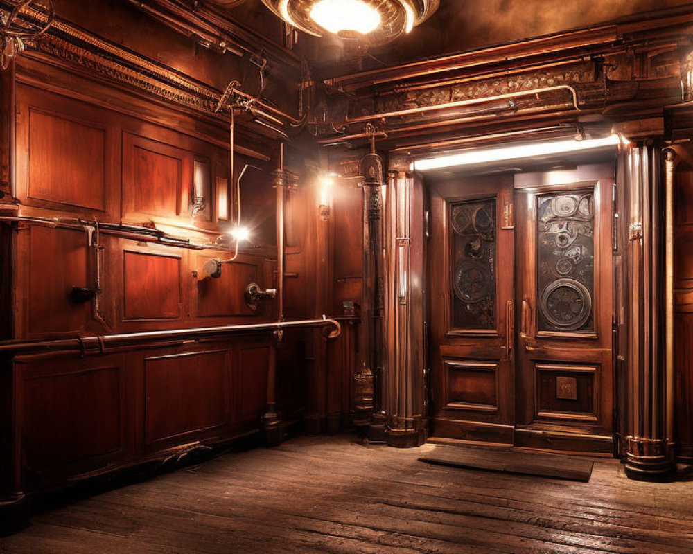 Vintage wooden interior with ornate elevator door, brass fixtures, antique lamps, and chandelier.