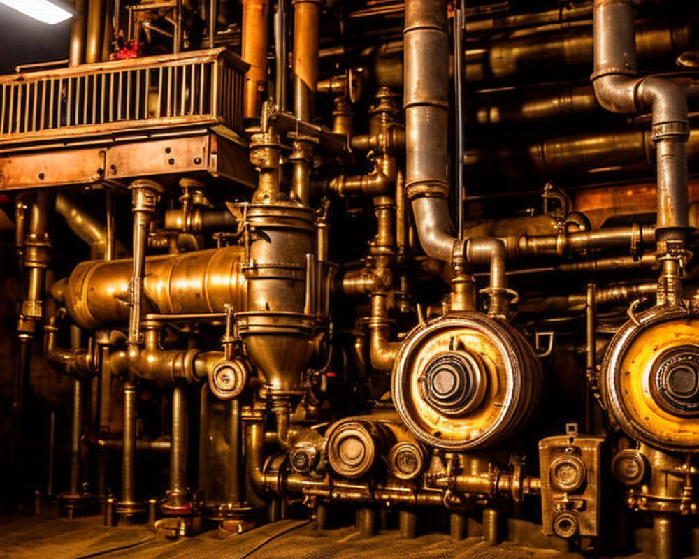 Rusty pipes and pressure gauges in industrial setting with warm glow