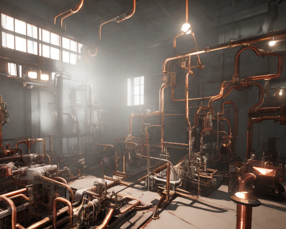 Sunlit industrial interior with copper pipes and machinery