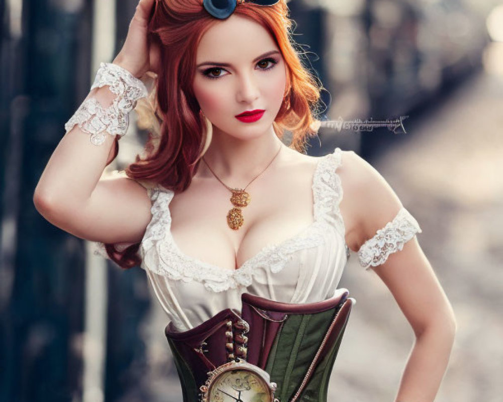 Steampunk-themed woman in corset and goggles on vintage street