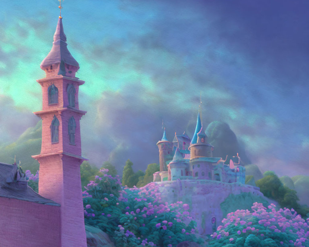 Whimsical animated castle on cliff with pink blossoms under twilight sky
