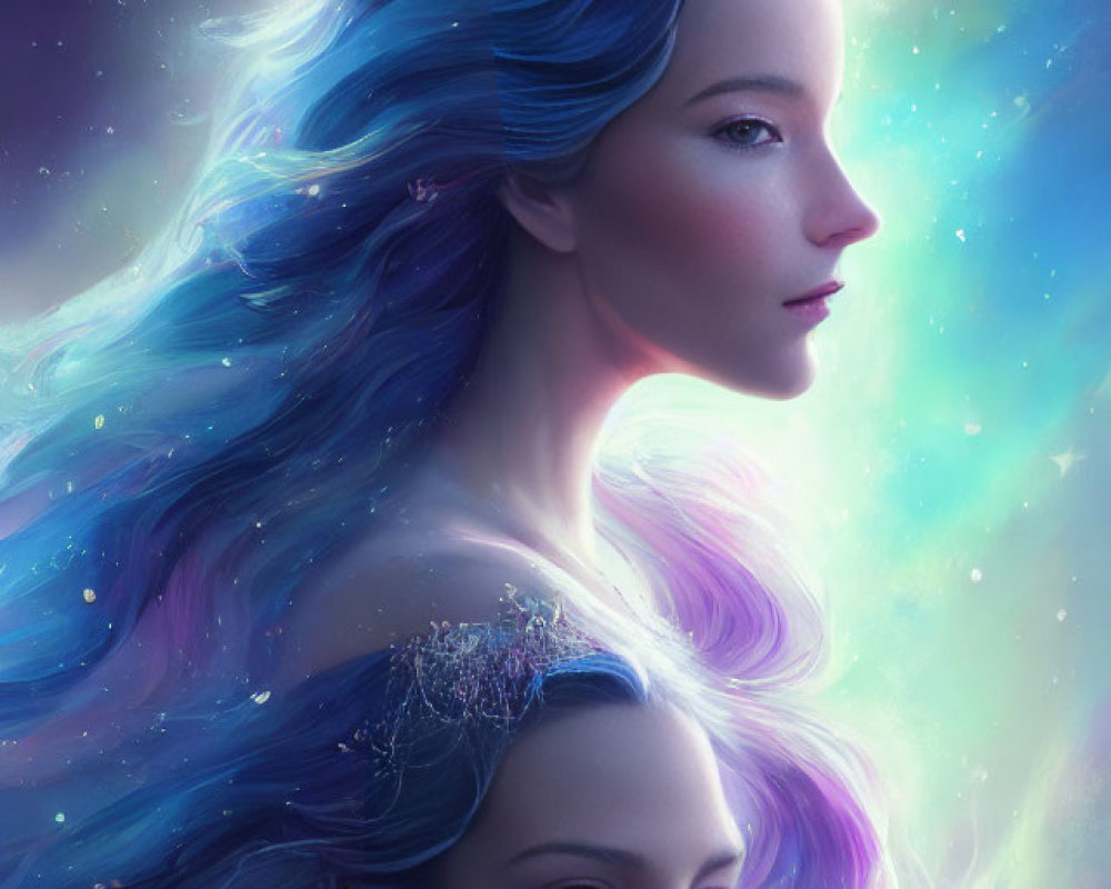 Digital Artwork: Ethereal Women with Blue and Purple Hair in Cosmic Setting
