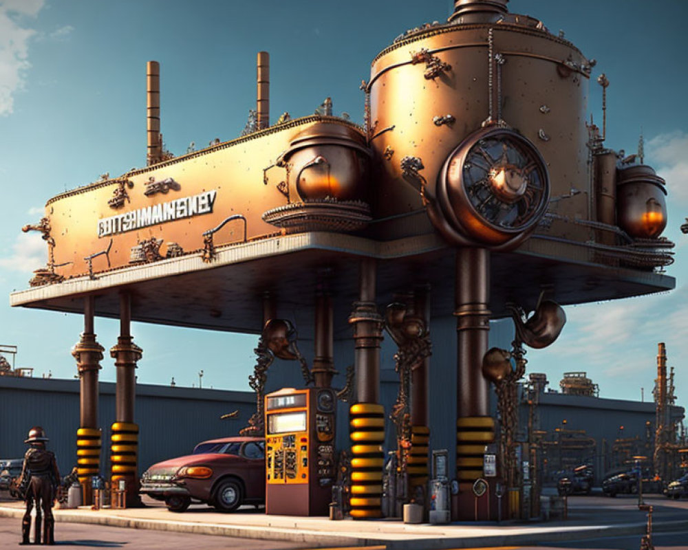 Industrial gas station design with elevated pillars, spherical tanks, vintage car, and lone figure.