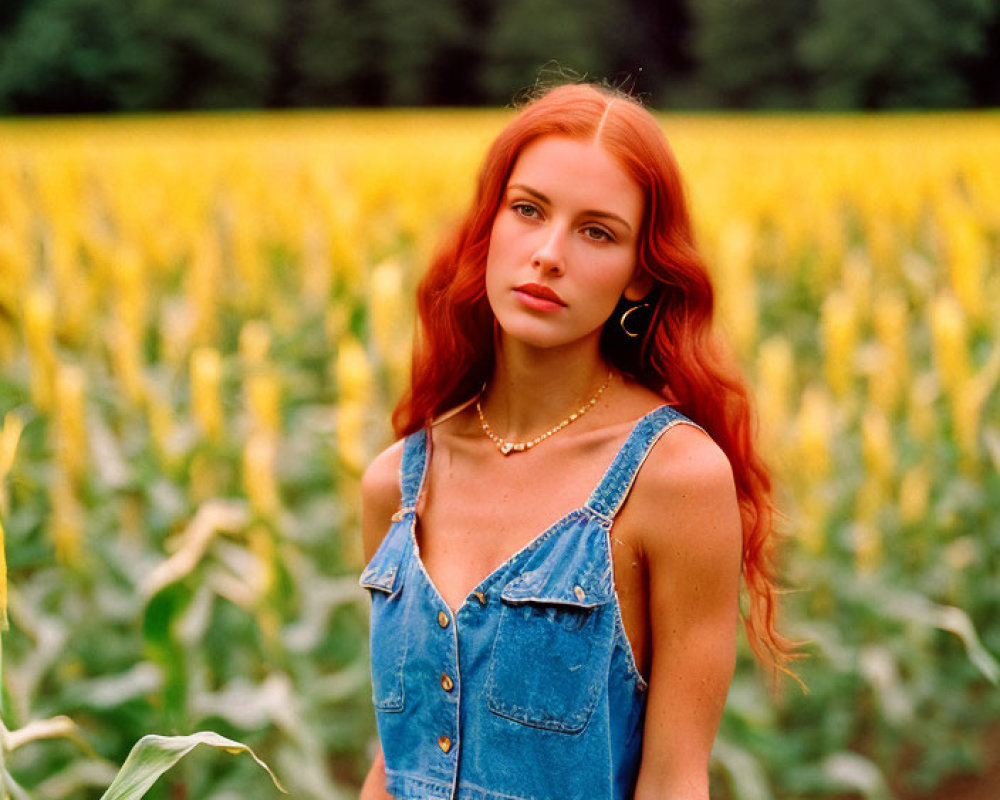 Red-haired woman in denim vest and jeans in front of green field with yellow flowers.