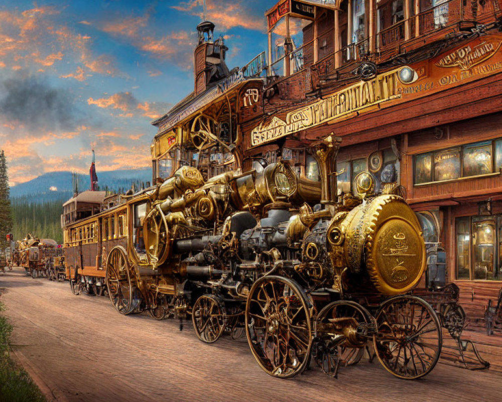 Intricately detailed steam-powered vehicle on cobblestone street at dusk