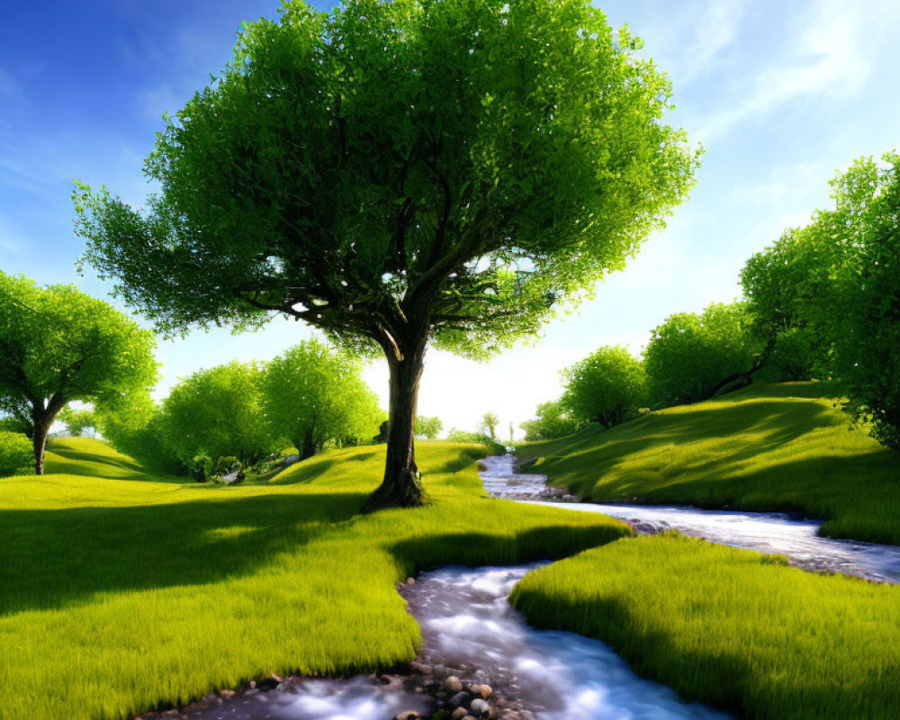 Lush Green Tree by Babbling Stream in Vibrant Landscape