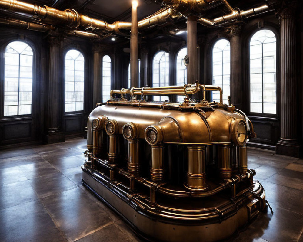 Industrial room with large copper brewing tanks, black walls, windows, and exposed pipes.