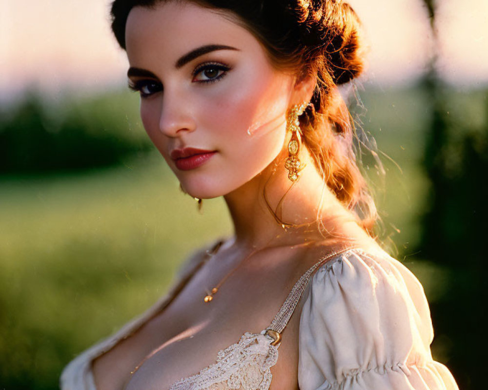 Vintage Attire Woman in Soft Sunlight with Elegant Makeup and Jewelry