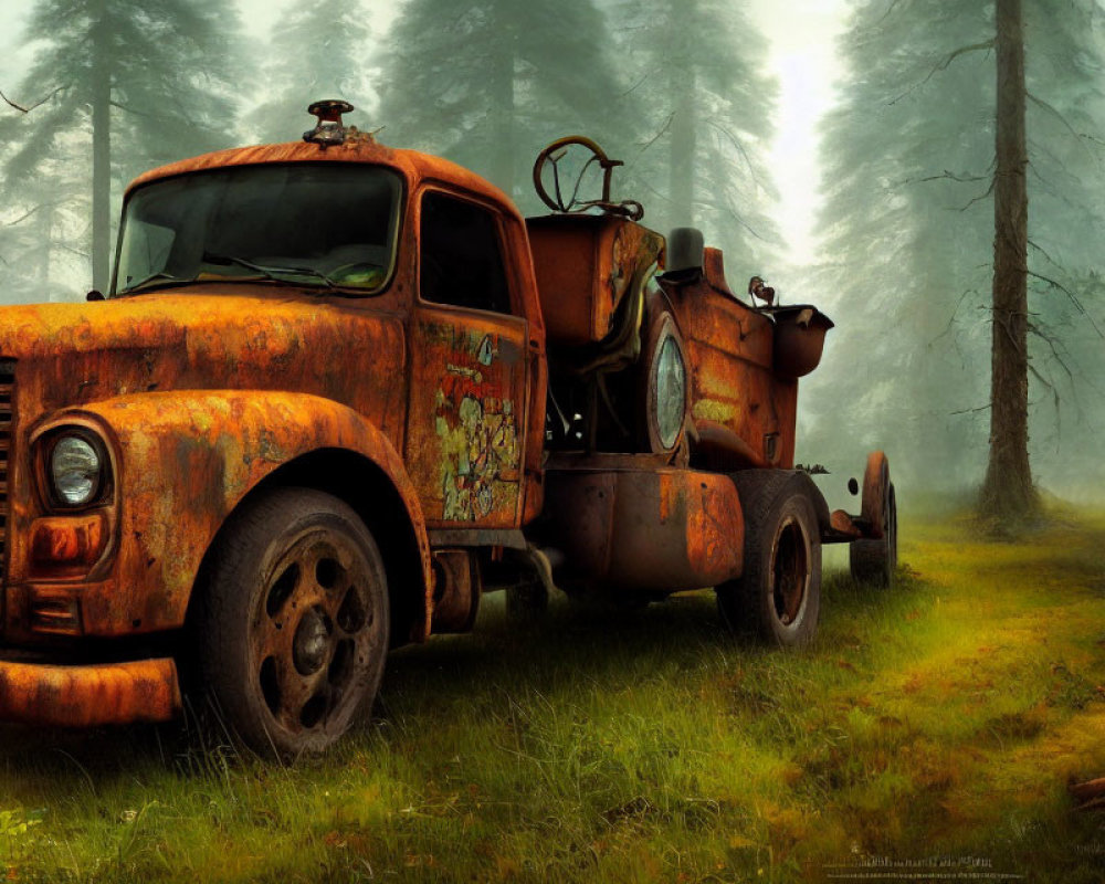 Abandoned rusty tow truck in misty forest with tall trees