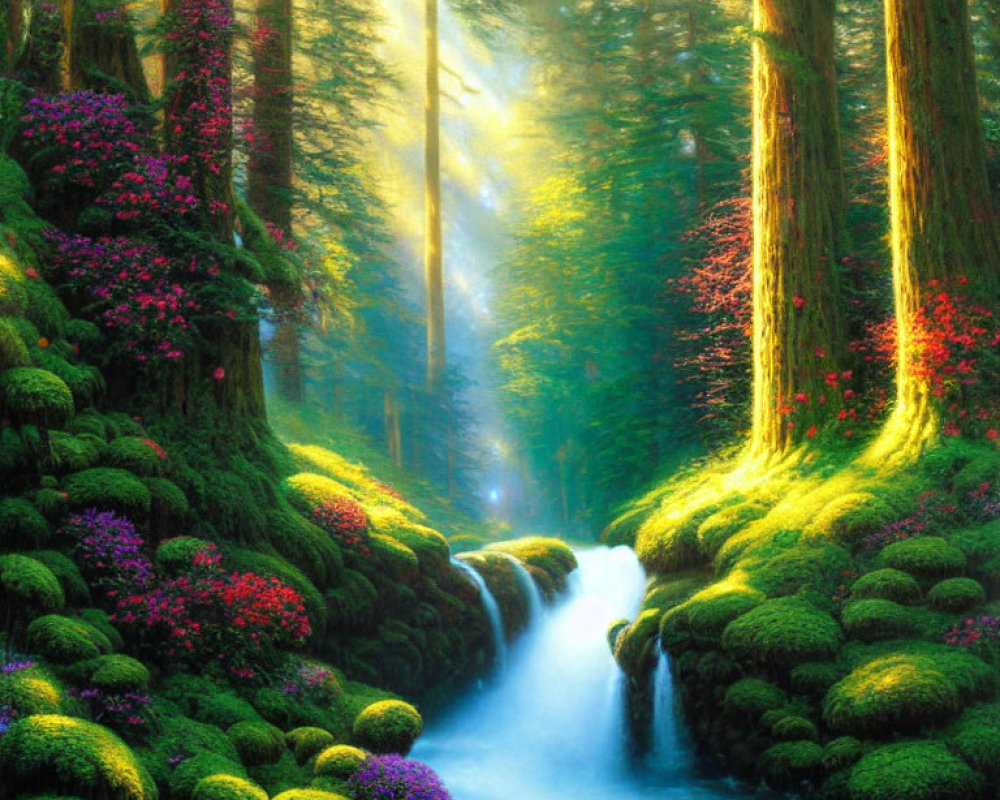 Vibrant forest scene with sunbeams, stream, waterfall, and pink flowers
