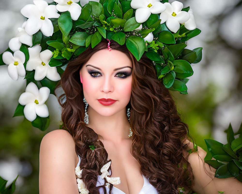 Woman adorned with white flower crown, long wavy hair, dramatic makeup, and earrings