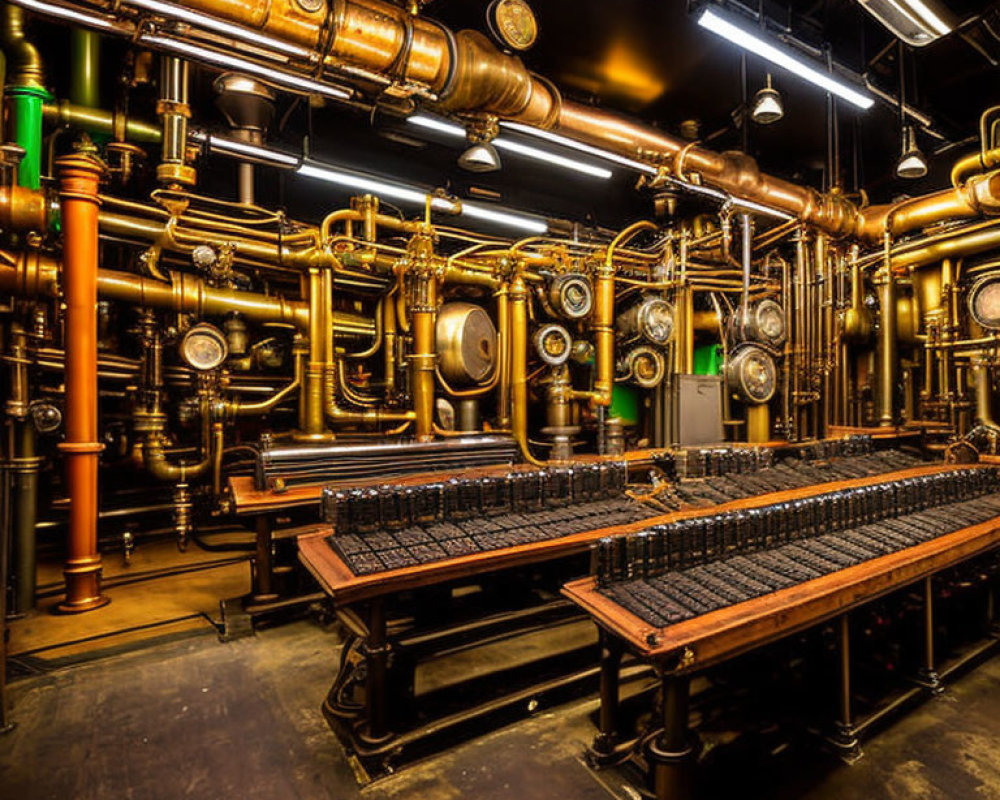 Steampunk-themed room with golden pipes, dials, and beer taps on long table