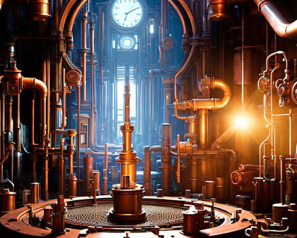 Steampunk-themed pipes, valves, gauges, clock in warm setting