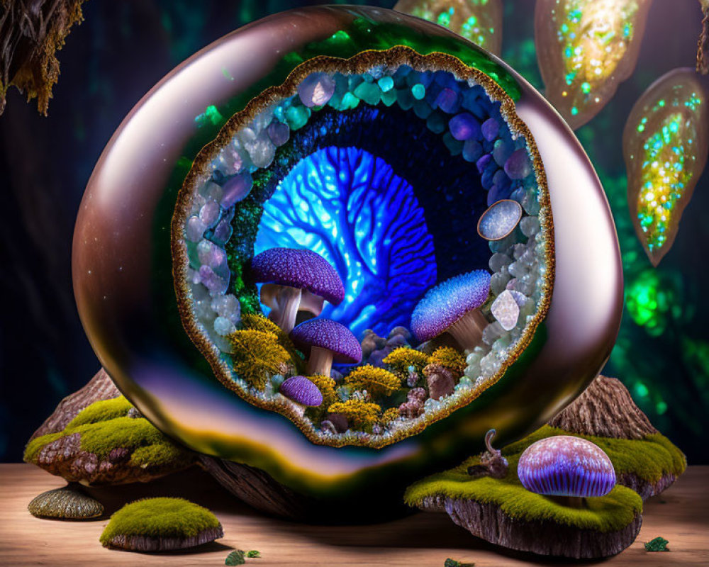Fantastical glowing geode with magical forest inside, surrounded by mushrooms on wooden surface
