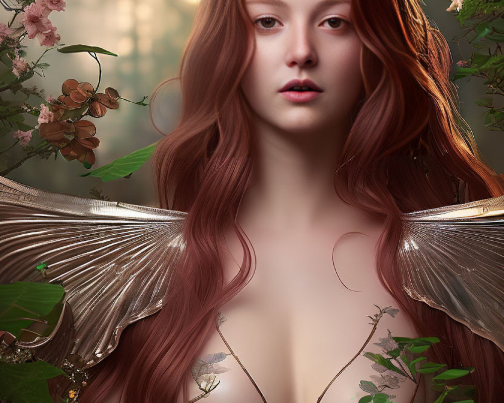 Fantasy portrait of woman with long red hair and golden wings in floral setting