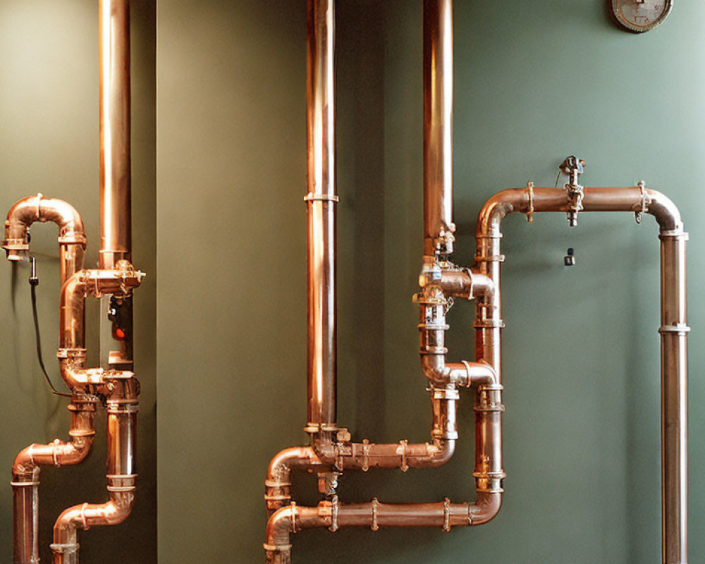 Copper pipes network with valves on dark green wall and round clock