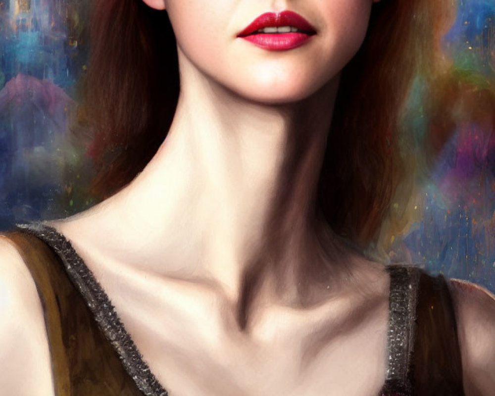 Digital painting of woman with intense gaze and cosmic dress against abstract cityscape