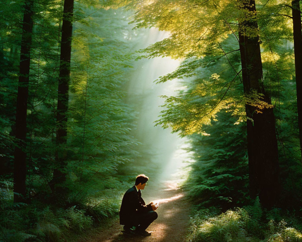 Person in dark suit on forest path with sunlight filtering through trees
