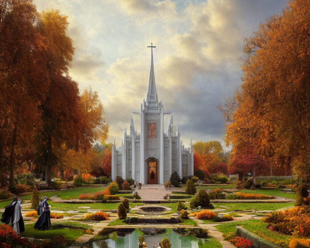 Ornate church surrounded by autumn trees and gardens with strolling figures