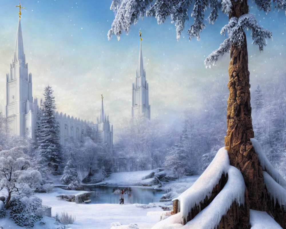 Snowy landscape with twin church spires, frozen river, and snow-covered trees