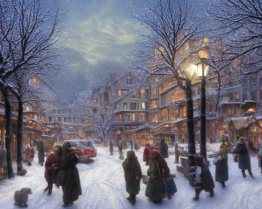 Snow-covered street scene at dusk with pedestrians, dog, and warmly lit shops
