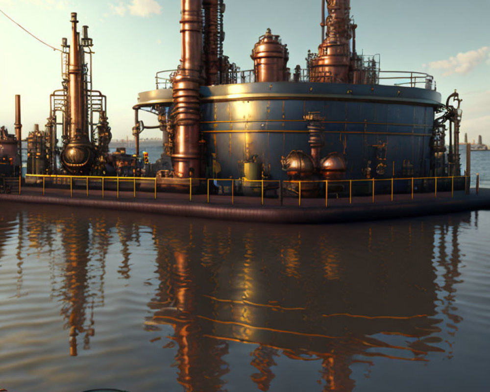Industrial facility with storage tanks and distillation towers reflected in water at sunrise or sunset