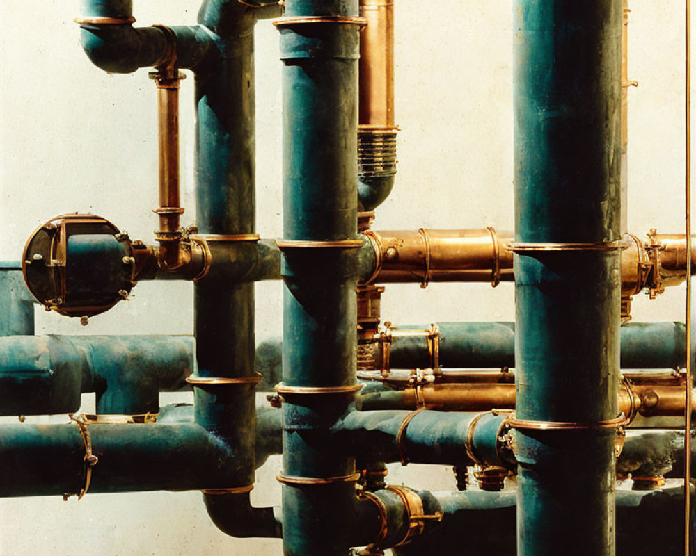 Interconnected Blue and Copper Pipes with Valves on Wall