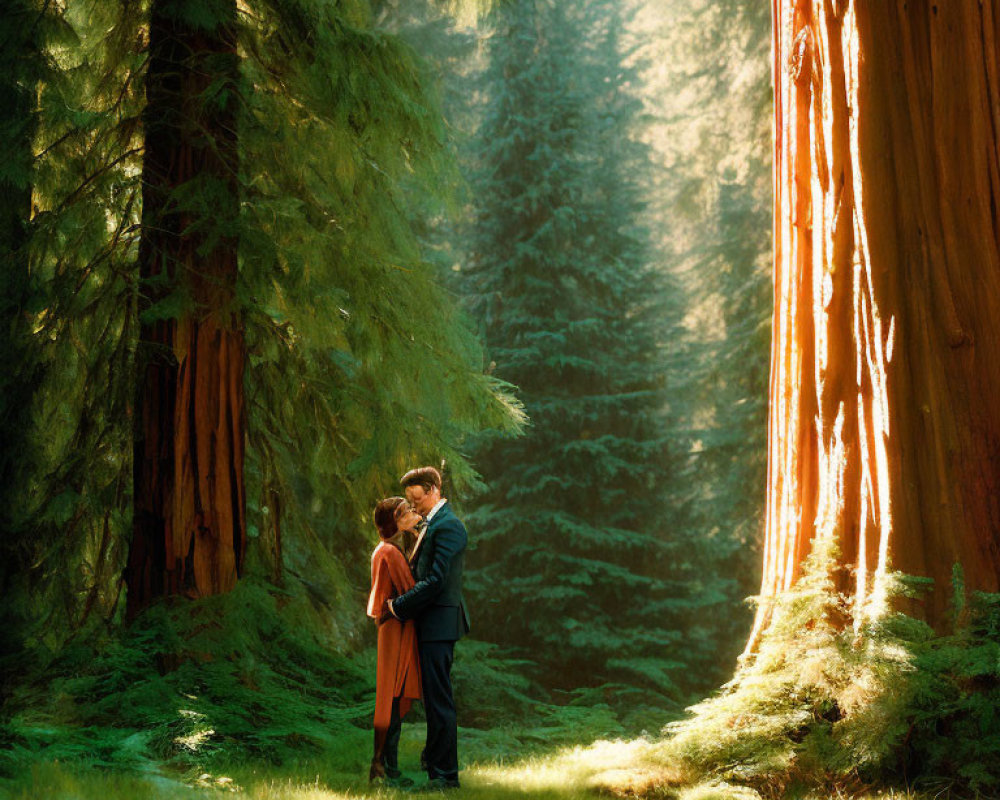 Couple embracing in sunlit forest with tall trees