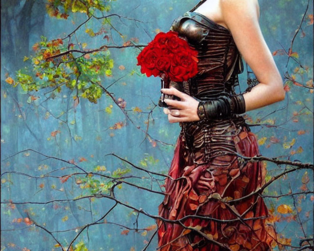 Woman in red ruffled dress with roses bouquet in misty forest